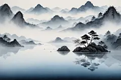 山水写意中国风水墨山水画装饰插画