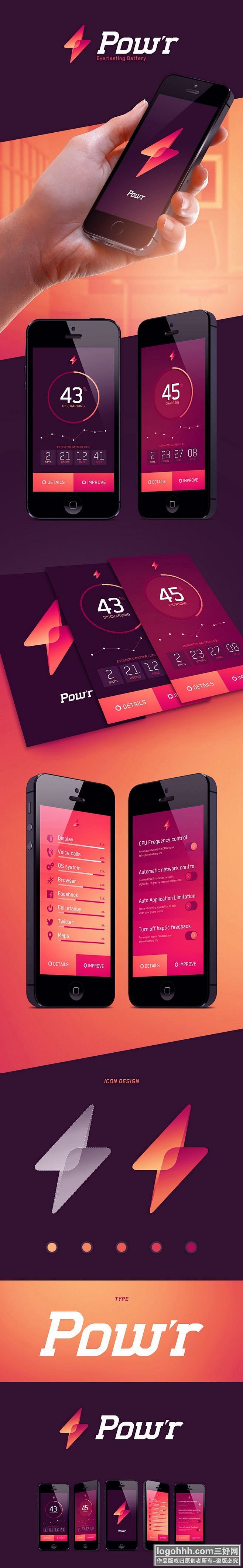 UI/APP/酷站 Pow'r应用界面设计 精美创意蝴蝶标志设计 全新高清手机界面应用UI设计 洋气UI图标设计 #海报# #海报设计 ...