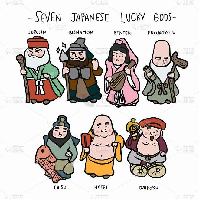 七个日本幸运神与他们的名字卡通涂鸦设置矢...