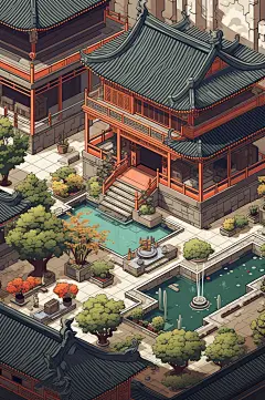 AI数字艺术像素风四合院建筑插画-众图网
