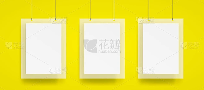 三张悬挂海报和框架与线模型矢量在黄色背景。模型的概念