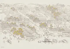 中式 车马 行人 建筑 楼阁 树 刺绣  室内软装装修设计 壁画 墙布 壁纸 墙画 电视床头客厅背景墙 卧室 别墅 酒店