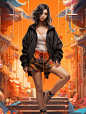 Disney animated style, cute Chinese beauty full body 3D artwork, this Chinese beauty is wearing black shorts, sitting on a step, grinning, new popular portrait paintings, fashion illustrations, with bright colors, colorful street scenery, street fashion, 
