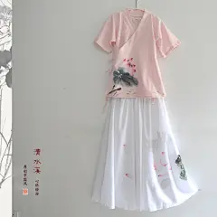 吴歌菡萏 清水溪中国风女装手绘荷花改良汉服右衽棉麻长袖上衣
 ,