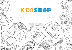 儿童时装店背景。手绘设计草图模板横幅。矢量插图。