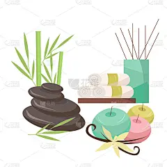 水疗和放松的方式——石头，香薰蜡烛，香草和竹子，毛巾。