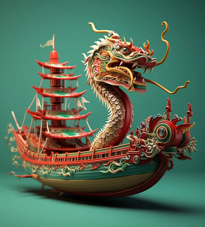 一艘龙船电影4d中渲染的风格展示海报