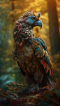 Mistical big colorful bird guardian of the forest who communicates with the living of the forest through his ancient ocarina. He’s attire is full of wood, leaves, flowers and different plants. It’s sunset. Light is beautiful and smooth. Hyperrealism in th