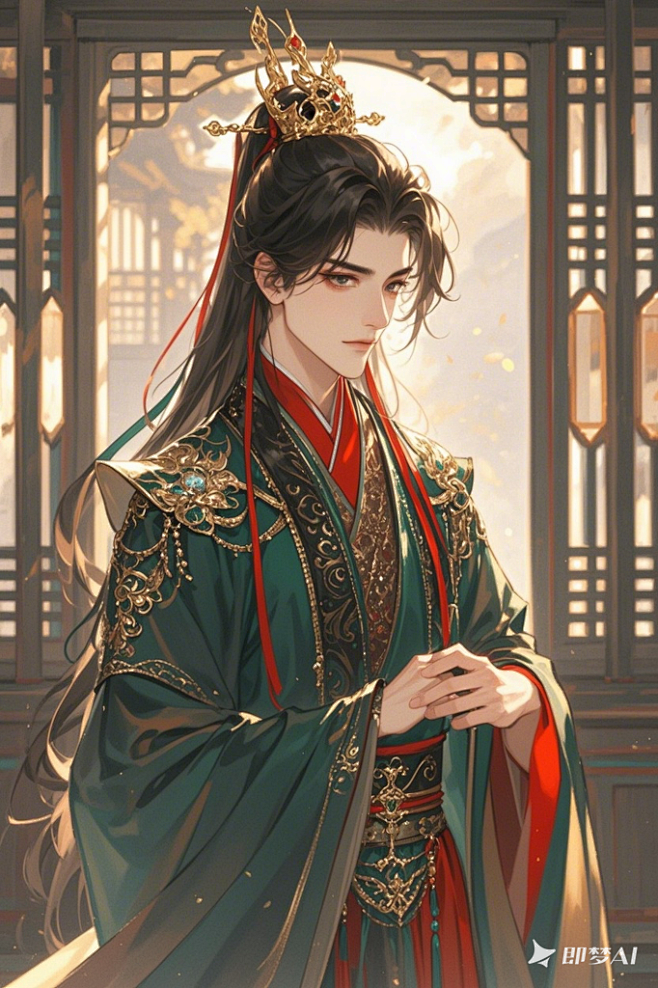 一个身穿深墨绿色、红色的衣服的古代男子，高冷，面部特写，金色头冠，be美学，长发，CG厚涂，niji漫画风 ，夸张的镜头，婚礼，全身，侧脸 ...