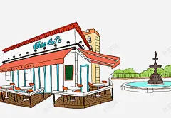 手绘休闲咖啡馆和喷泉水柱图高清素材 设计图片 页面网页 平面电商 创意素材 png素材