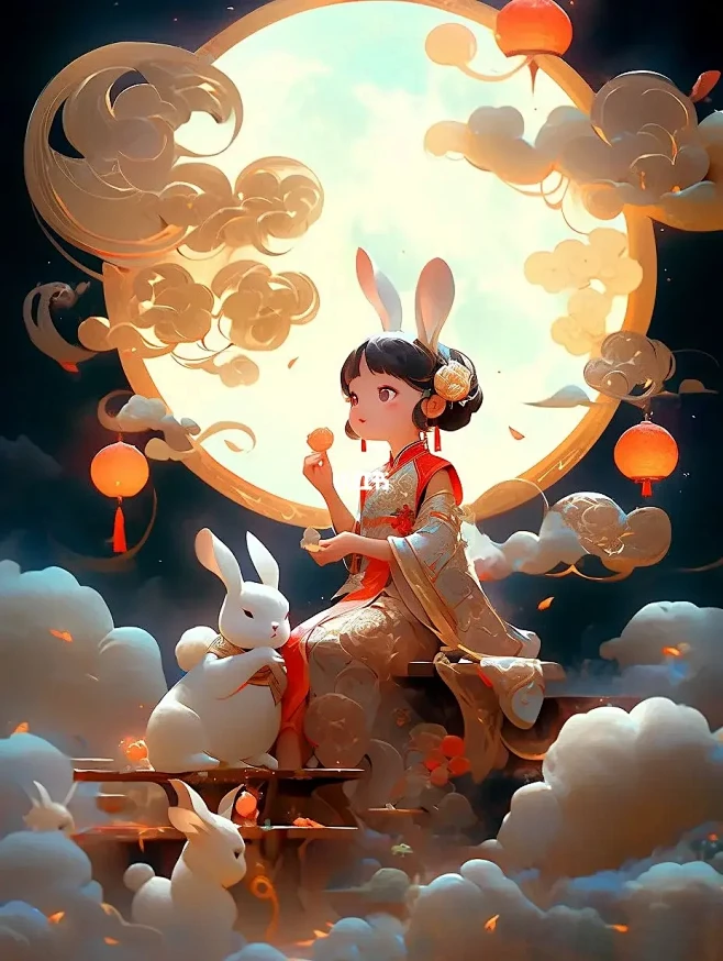 中秋节插画 【嫦娥 玉兔 圆月】✅附关键...