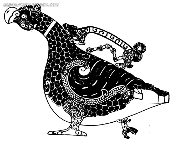 窃曲纹鳞纹卷云纹装饰的雕龙提手鸟形器图案AI矢量图|传统图案|雕龙提手|古代器具|古代器物|古典|古器|古器纹理|黑白|卷云纹|鳞纹|鸟形|窃 ...