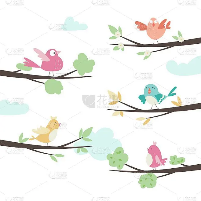 可爱的卡通小鸟在不同的树枝上。矢量图素材-花瓣网