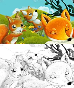 漫画与速写场景与速写森林动物在草地上-插图