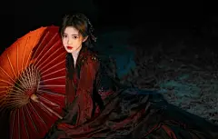 鞠婧祎《落》古风 黑红色裙子 伞 4K壁纸3840x2160