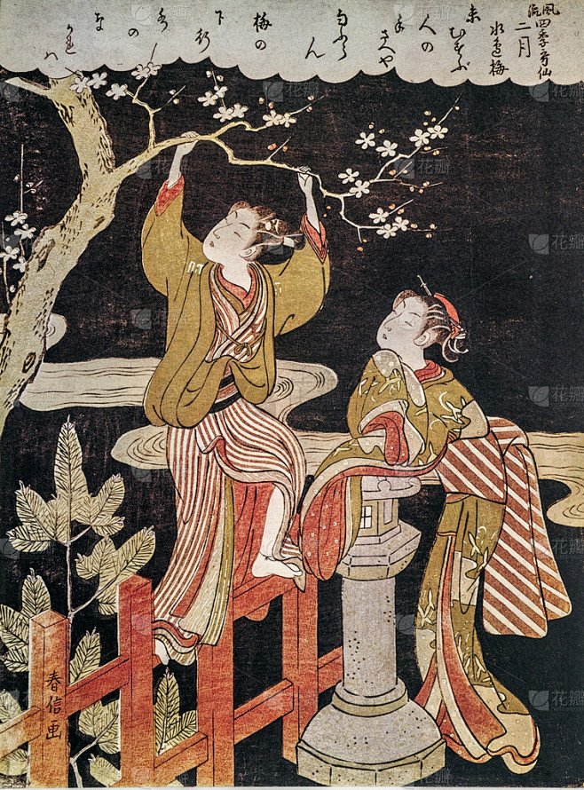 在水域边缘，铃木春信梅花树