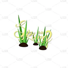 你好,春天。剪纸的设计。刻字春与绿草为贺卡，邀请模板，横幅，海报，模板背景。向量