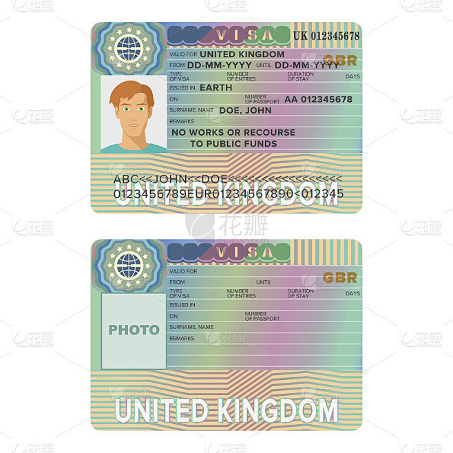 英国或英国签证护照贴纸模板。