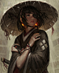 women, fantasy girl, brunette, shoulder length hair, bangs, looking away, arms crossed, original characters, GUWEIZ, warrior girls, samurai, kimono, Japanese clothes, katana, earring, glowing, rain, portrait display, vertical, artwork, drawing, digital ar