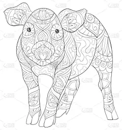 一个可爱的猪与装饰品形象的成年人。一本彩色书, 一页放松的活动。禅宗艺术风格的插图印刷。海报设计.