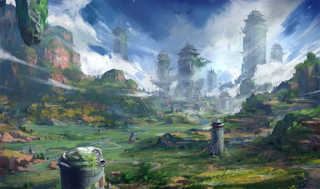 中国风场景气氛图古风山水建筑武侠仙侠CG原画游戏美术素材-花瓣网
