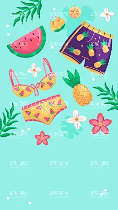 卡通夏天背景  - 源文件下载【酷图网】可爱,卡通,夏天,背景,水果,游泳衣