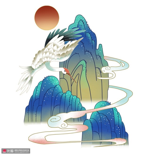山水国潮国画仙鹤红日免抠png古风插画民俗民风中国风
