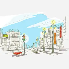 手绘蓝天下的街景高清素材 交通灯 城市 建筑 手绘 手绘街 红色 线条 街景 街道 路灯 车子 免抠png 设计图片 免费下载