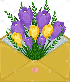 信封里的鲜花，胜利的插图。黄色传送带的花束。没有背景。