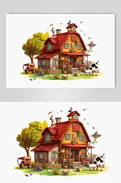 AI数字艺术手绘木屋农庄农场插画图片