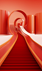 3d image of a red curved road leading into a room, in the style of rendered in cinema4d, commercial imagery, valentine hugo, orange and gold, advertisement inspired, playful use of line, traincore