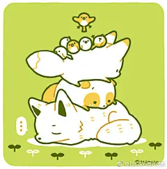 アタモト‏笔下那两只圆滚滚的团子小狐狸和团子小狸猫，简直治愈百分百！
那，周二也要打起精神呀！
（twi:atamotonu) ​