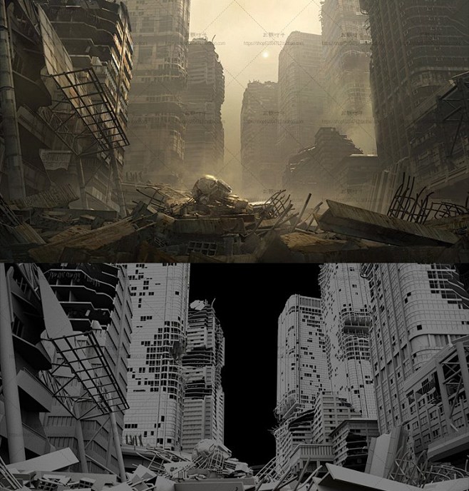 末日废土风格城市废墟残骸3D模型合集游戏...