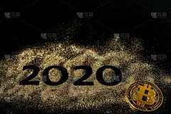 2020年新年快乐。创意拼贴数字2和零组成了2020年。美丽闪亮的黄金数字2020和比特币在黑色背景