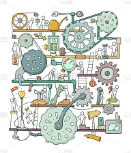 Sketch of people teamwork, gears, production.