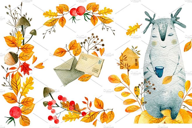 秋季金色树叶花环自然植物果实手绘水彩背景...