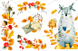 秋季金色树叶花环自然植物果实手绘水彩背景图案PNG免抠设计素材