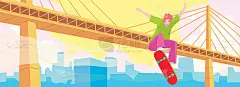 人玩滑板和空中跳跃的低角度视图，背景桥和城市景观视图，插图图片。