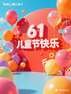 jimeng-2025-05-16-164-活动策划的电子商务三维设计海报，采用活泼明亮的红色或者橙色卡通三维风格，搭配透明色亚克力材质，营造出节日促销快乐等氛围，在画面的中心有标题“61儿童节快乐”