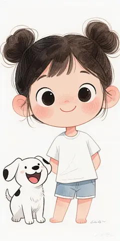 jimeng-2025-05-08-530-杰作, 最好的质量, 水彩绘画，卡通人物设计。白T恤，短裤，肖像，1 个女孩和一条小狗, 大眼睛，可爱的表情，两个发髻，有趣的，大笑，清晰的线条，留着空白，