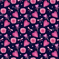 无缝的黑色图案与糖果，玫瑰和爱心主题。