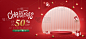 圣诞快乐促销横幅与产品展示和节日装饰红色背景