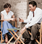 Audrey Hepburn playing cards with Gregory Peck on the set of Roman Holiday, 1953