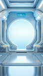 futurist spaceship interior with white walls and light, in the style of screen format, transparent layers, light blue and silver, realistic detailing, confessional, kitchen still life, spot metering