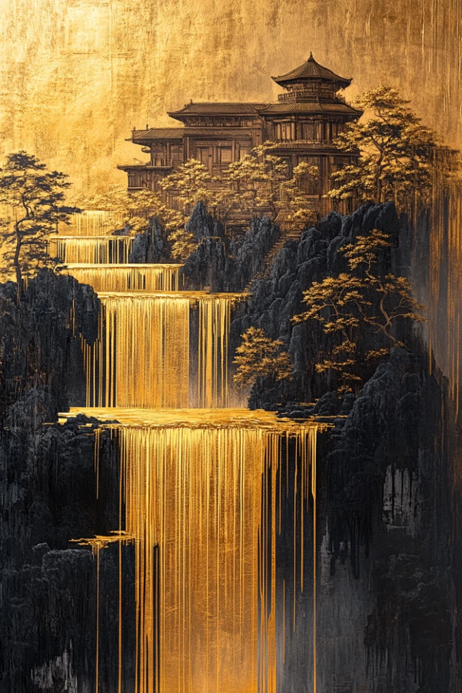 中式鎏金山水艺术画-花瓣网