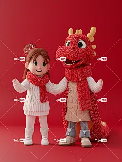 新年龙年中国红龙和一位皮克斯风格的中国小女孩海报