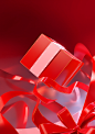 an empty red gift box and ribbons against the background, in the style of digital constructivism, bold use of light, glazed surfaces, rtx, clear edge definition, faceted shapes, ricoh r1