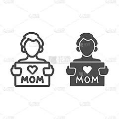 孩子与母亲的爱卡线和固体图标，母亲节的概念，明信片妈妈签名在白色的背景，爱你的妈妈在男人的手问候卡图