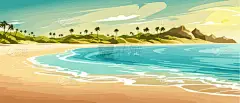 夏季海滩的头像.轻柔的海浪俯瞰着海滩.美丽的背景，贝壳在沙滩上。有植物阴影的矢量图解。带有复制空间横