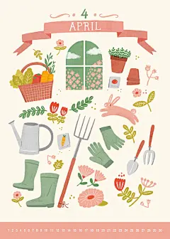 4月 胡萝卜番茄 兔子 鲜花 园丁工具 2019手绘日历设计PSD ti331a2504